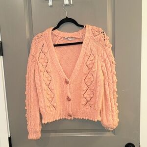 ZARA Pink Pom Pom Cable Knit Cardigan w/ Rhinestone Buttons | Size L